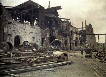 Ruins of the heavily damaged Vauxrot distillery, Cuffies, Aisne, France, 1917